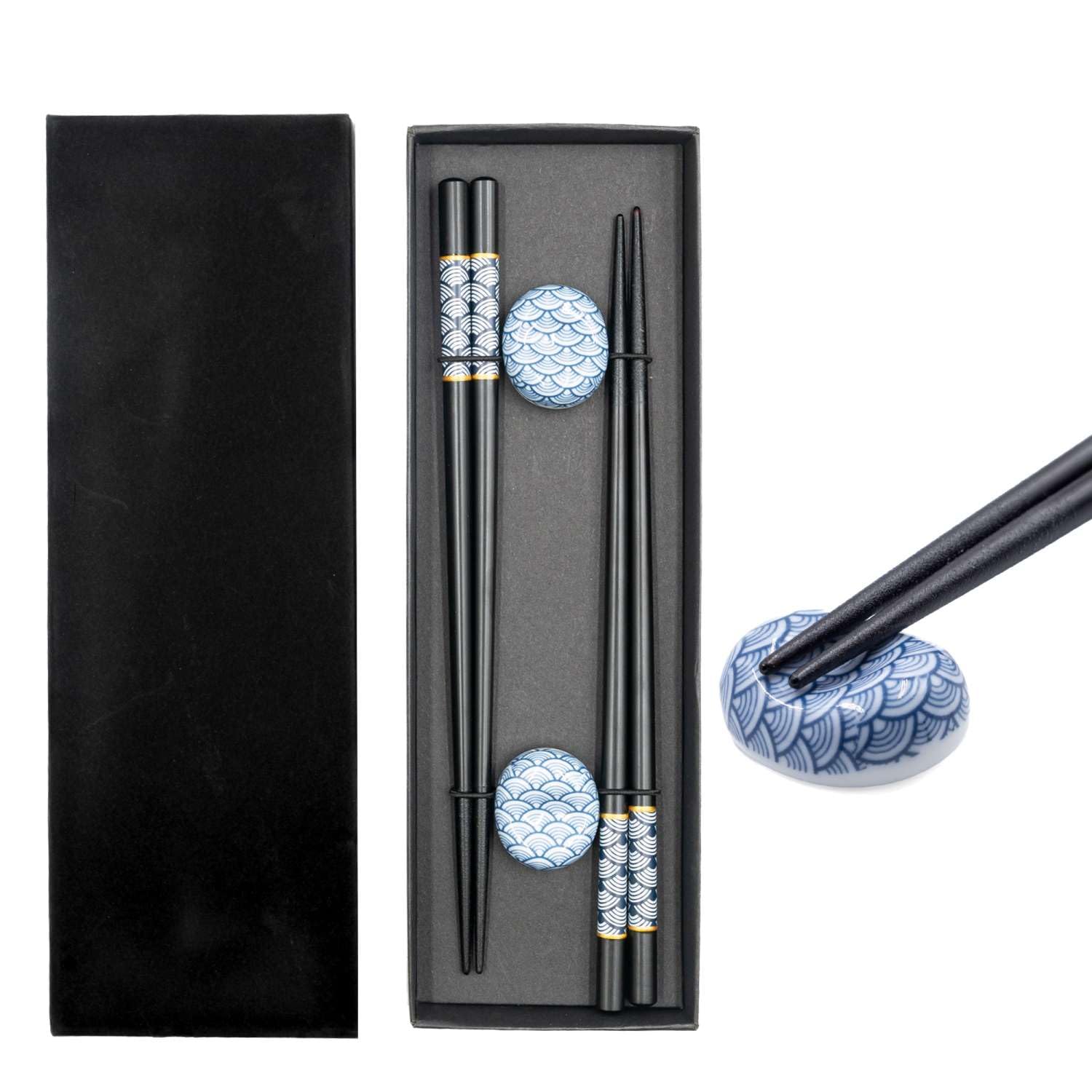 Intirilife Ensemble de Baguettes en Noir avec motif en éventail Bleu - 2 paires de baguettes 22.7 cm de longueur avec 2 porte-baguettes 3.5x2.8x1.4 cm - Baguettes réutilisables pour Sushi Japonais