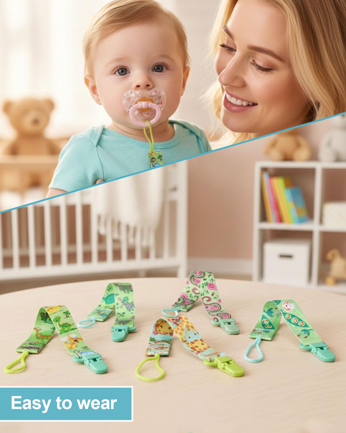 ZEXIJOW 5 Pezzi Catenella Portaciuccio, Catenella Ciuccio per Bambini, Set Porta Ciuccio con Clip Adatto a Tutti i Ciucci per Maschio e Femmina, Giocattoli Adatto per Ciucci Giocattoli(verde) - 5