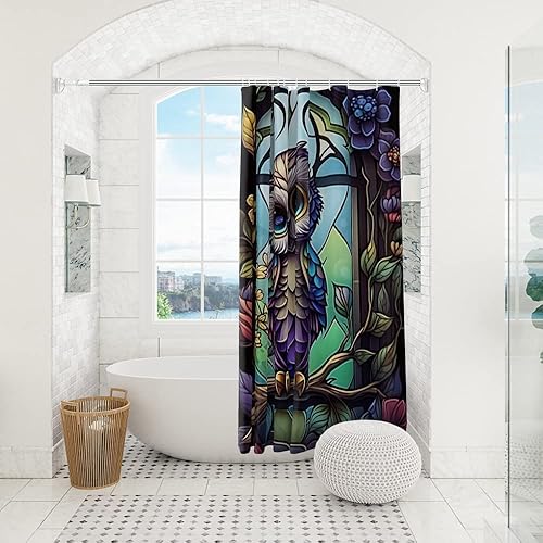 Miniatura 5 de Cortina de ducha divertida con diseño de búho para baño, vidrio manchado, set de accesorios de baño con hongos, decoración de primavera, acuarela,