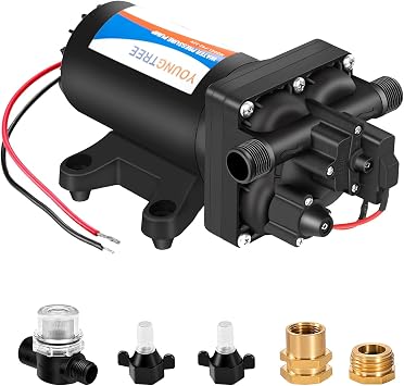 YOUNGTREE 12V RV Fresh Water Pressure Pump, 5.5GPM 70PSI Diaphragm Pump, Self-Priming DC Water Pump with 3/4" Garden Hose Adapters for Irrigation, Camper, Boat, Trailer, Marine, Off-Grid Cabin Use