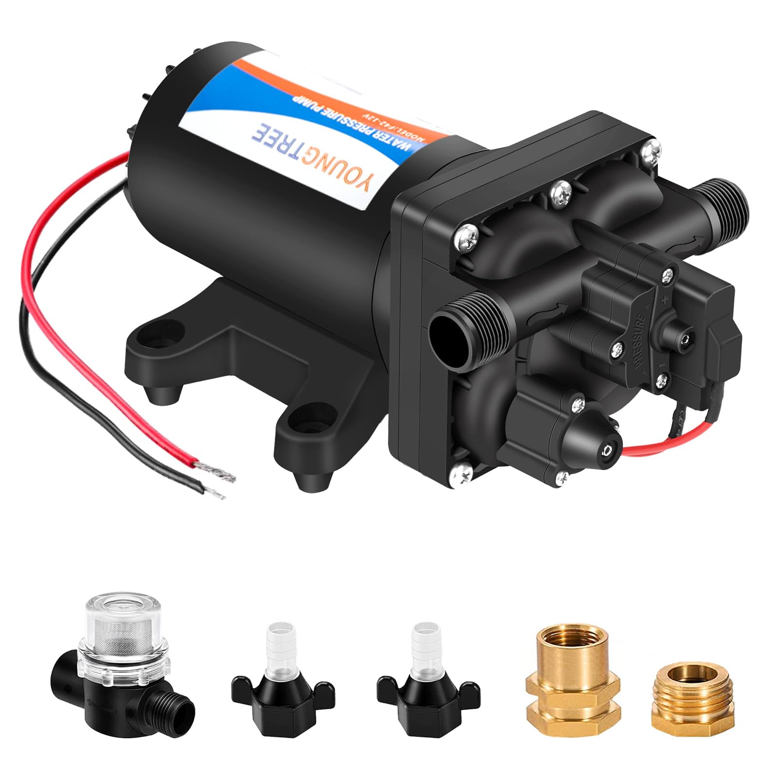 YOUNGTREE 12V RV Fresh Water Pressure Pump, 5.5GPM 70PSI Diaphragm Pump, Self-Priming DC Water Pump with 3/4" Garden Hose Adapters for Irrigation, Camper, Boat, Trailer, Marine, Off-Grid Cabin Use