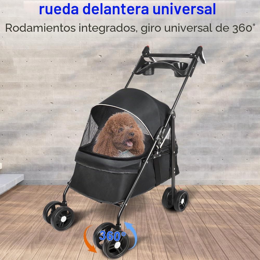 Cochecito de viaje para perros, 25 kg, con bolsa de almacenamiento y cubierta para la lluvia, cochecito Buggy para perros con portavasos, 50 x 70 x 95 cm, color negro