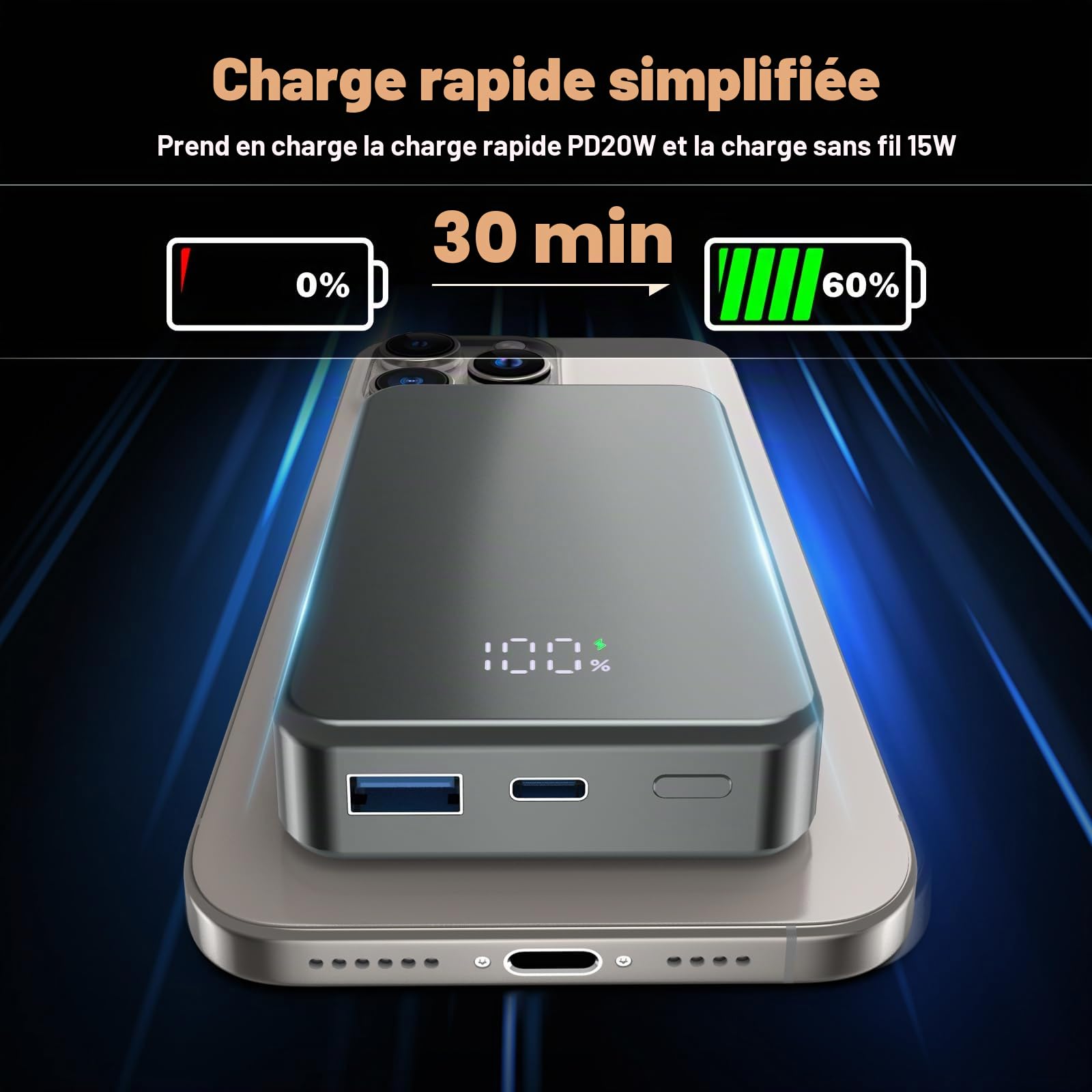 Batterie externe magnétique sans fil, chargeur portable 26800 mAh, entrée et sortie USB C pour iPhone séries 17/16/15/4/13/12 et autres téléphones Android (gris)