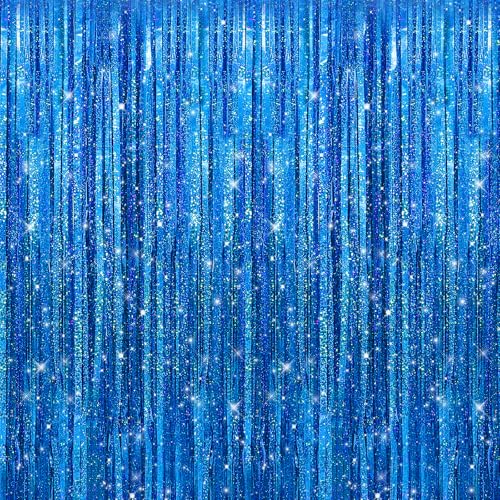 Image of Crosize 5 Pack 3.3 x 9.9 ft Laser Dark Blue Foil Fringe Curtains Party Decorations, Laser Blue Tinsel Curtain Backdrop for Parties, Door Streamers, Glitter Streamer Backdrop for Birthday Decoration