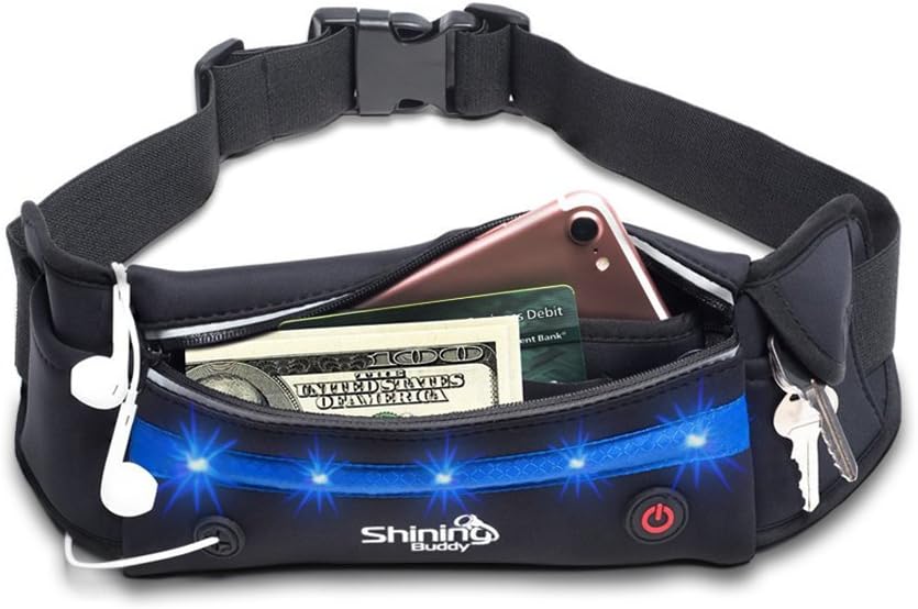 Reflective Running Belt w/LED Light for Men + Women | Fits Most Waist Sizes No-Bounce Design | Water Resistant - Fits iPhone 8, XR, XS, SE 11, 12 & More | Black Fitness Jogging Pouch by Shining Buddy