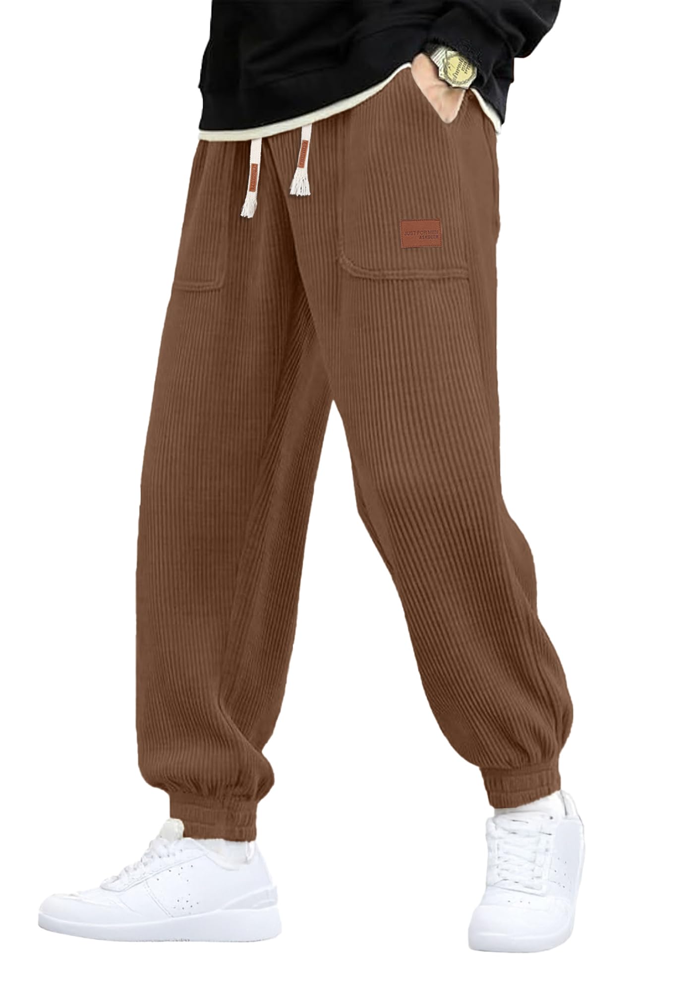Mens Corduroy Casual Pants Joggers Cargo Pants Drawstring Elastic Waist Tapered Sweatpants with Pockets