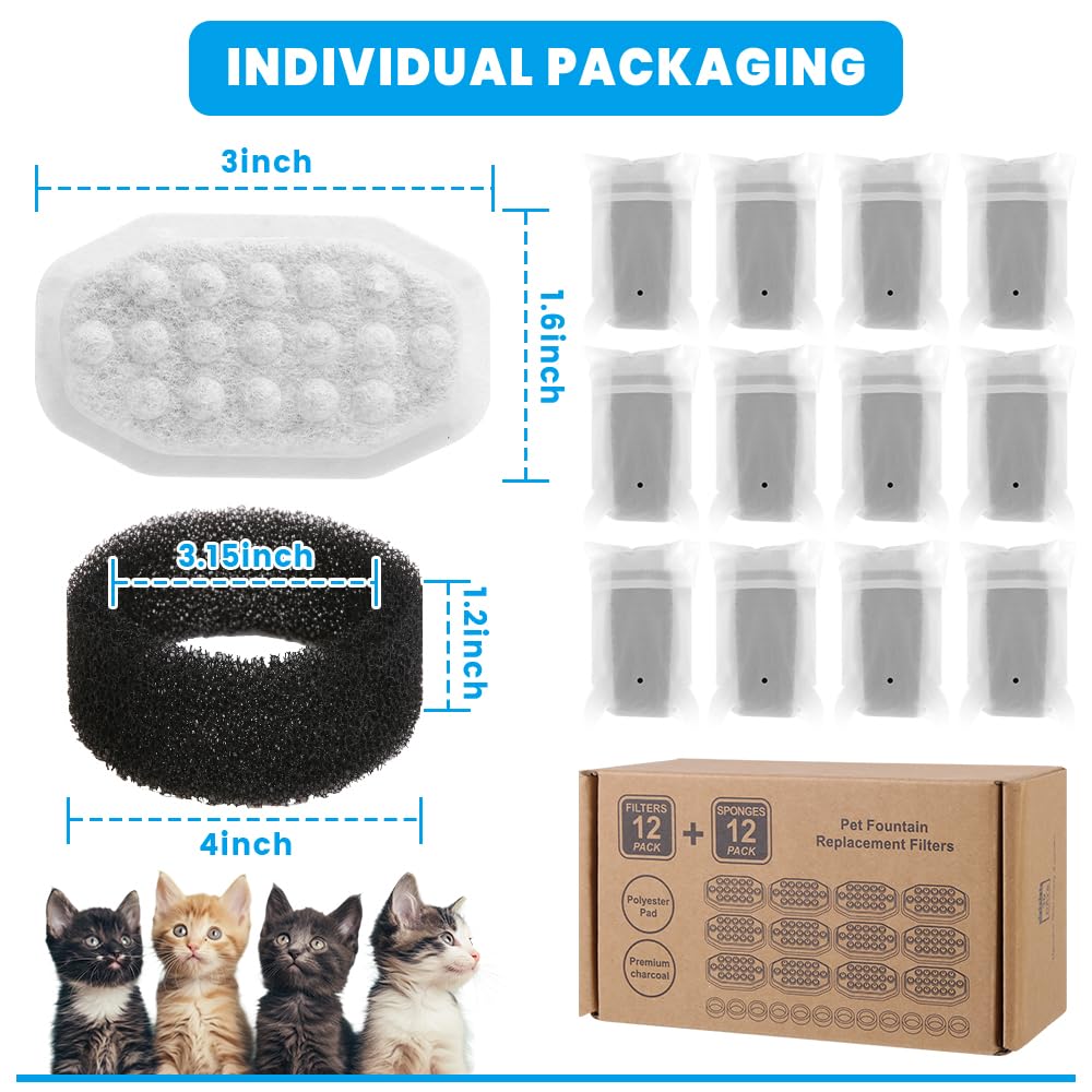 24 PCS Cat Water Fountain Filter for 108oz/3.2L Stainless Steel Dispensers – 12 Pack Replacement Filters for Pet Fountains – 12 Carbon + 12 Sponge – Improves Water Quality & Reduces Odors - image 2