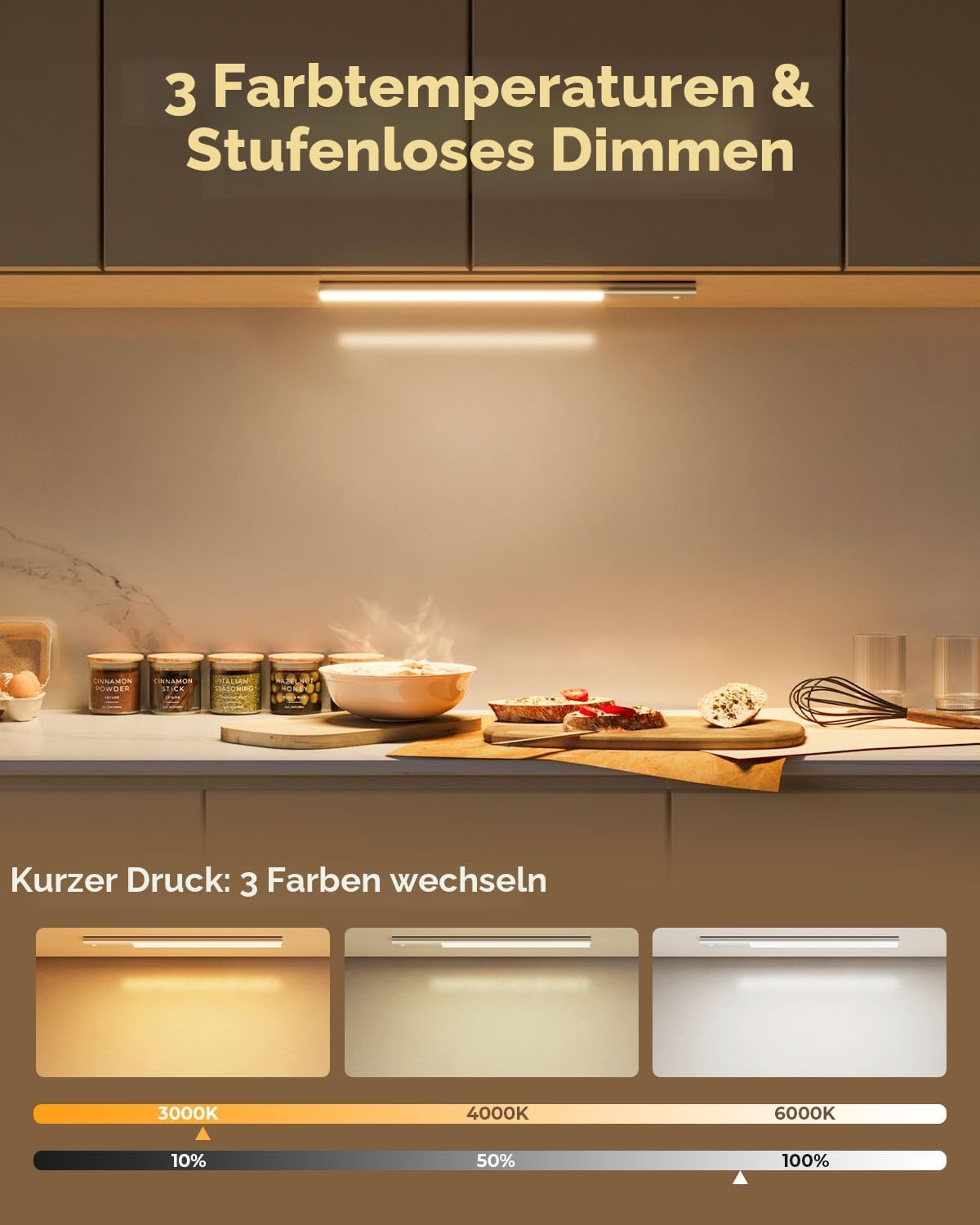 FULEN Unterbauleuchte Küche LED, Schrankbeleuchtung Lampe Bewegungsmelder Innen, 38cm led Licht Kabellos mit Batterie Wiederaufladbar, Unterschrank Beleuchtung Küche, 3 Farbtemperaturen, 2er-Pack