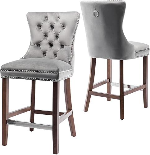 Miniatura 9 de Virabit Juego de 2 taburetes de bar tapizados de terciopelo de 27 pulgadas con botón y decoración de cabeza de clavos, sillas de bar con respaldo y