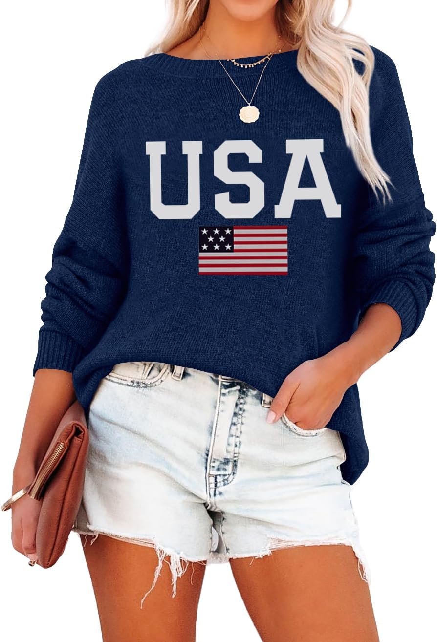 Lacozy Womens Sweater Crewneck USA Graphic Long Sleeve Tops Lightweight American Flag Sweatshirt 4th of July Outfits