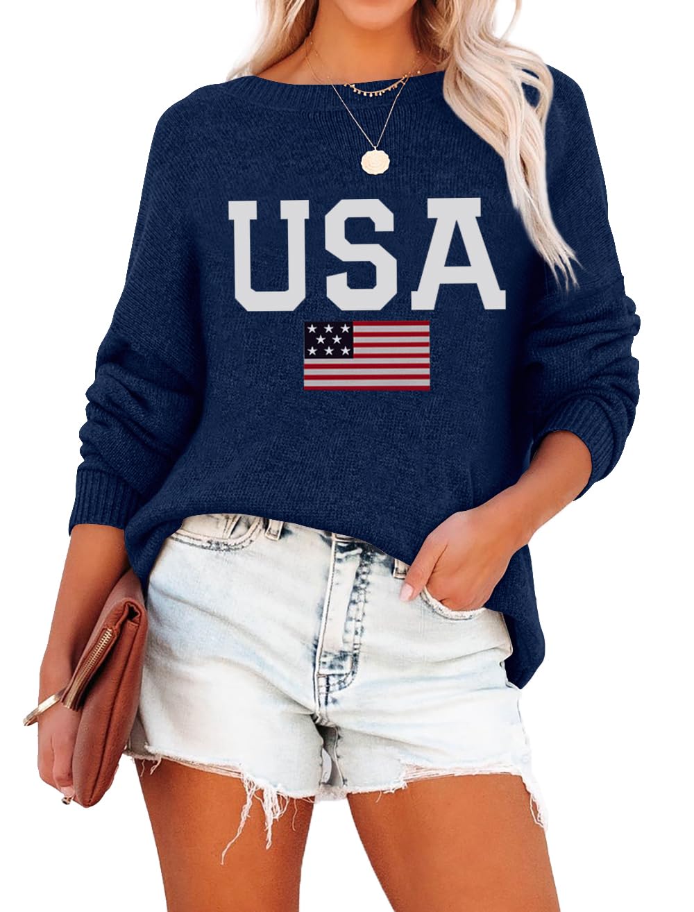 Lacozy Womens USA Sweater Long Sleeve Pullover American Flag Sweatshirt Crew Neck Loose Patriotic Tops Fall Clothes