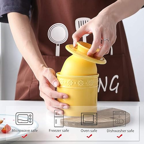 Miniatura 5 de KOOV Mantequilla de cerámica, manteca para mostrador, plato de mantequilla francesa de gran capacidad (amarillo)