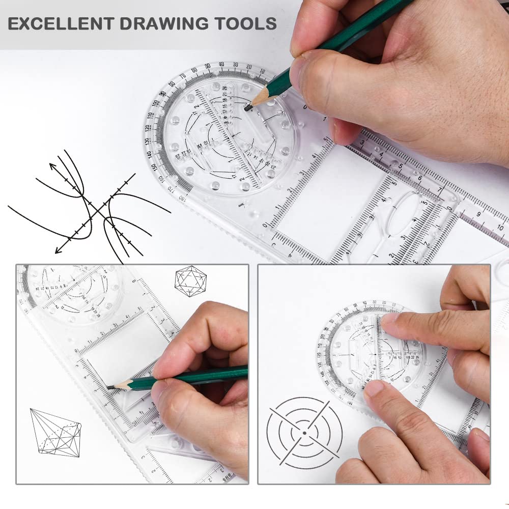 Vicloon 2Pcs Righelli Geometrici Multifunzionali con Matita, Stencil da Disegno Geometrico per Scuola e Ufficio