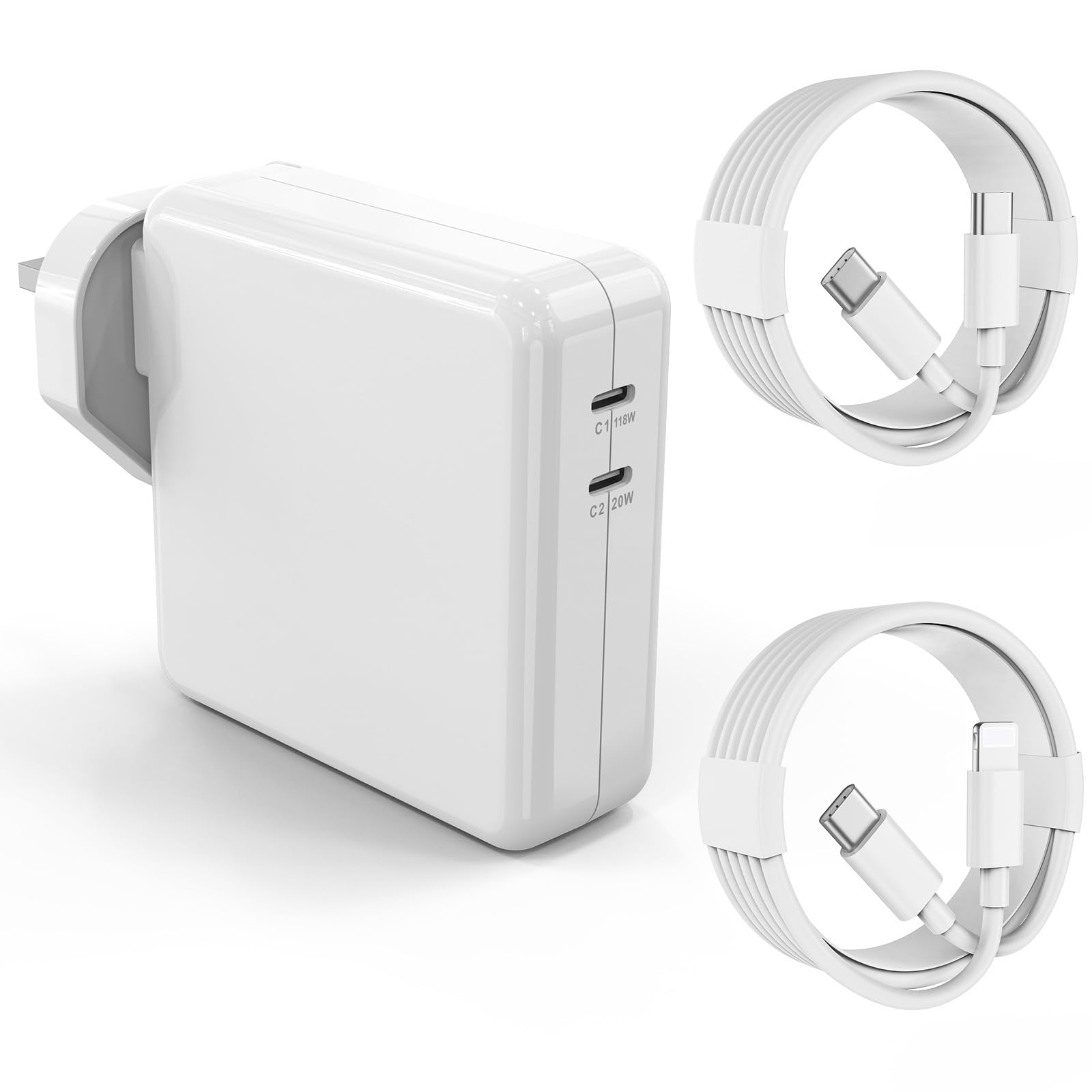 MacBook Pro Charger - 138W USB C Charger, 2 Ports Power Adapter Compatible with MacBook Pro 16, 15, 14, 13 Inch, MacBook Air 13 Inch, iPad Pro and More USB C Devices, Include 2 Cables