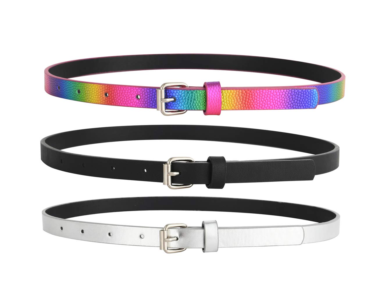 3 Pack Belts for Girls Rainbow Black Silver