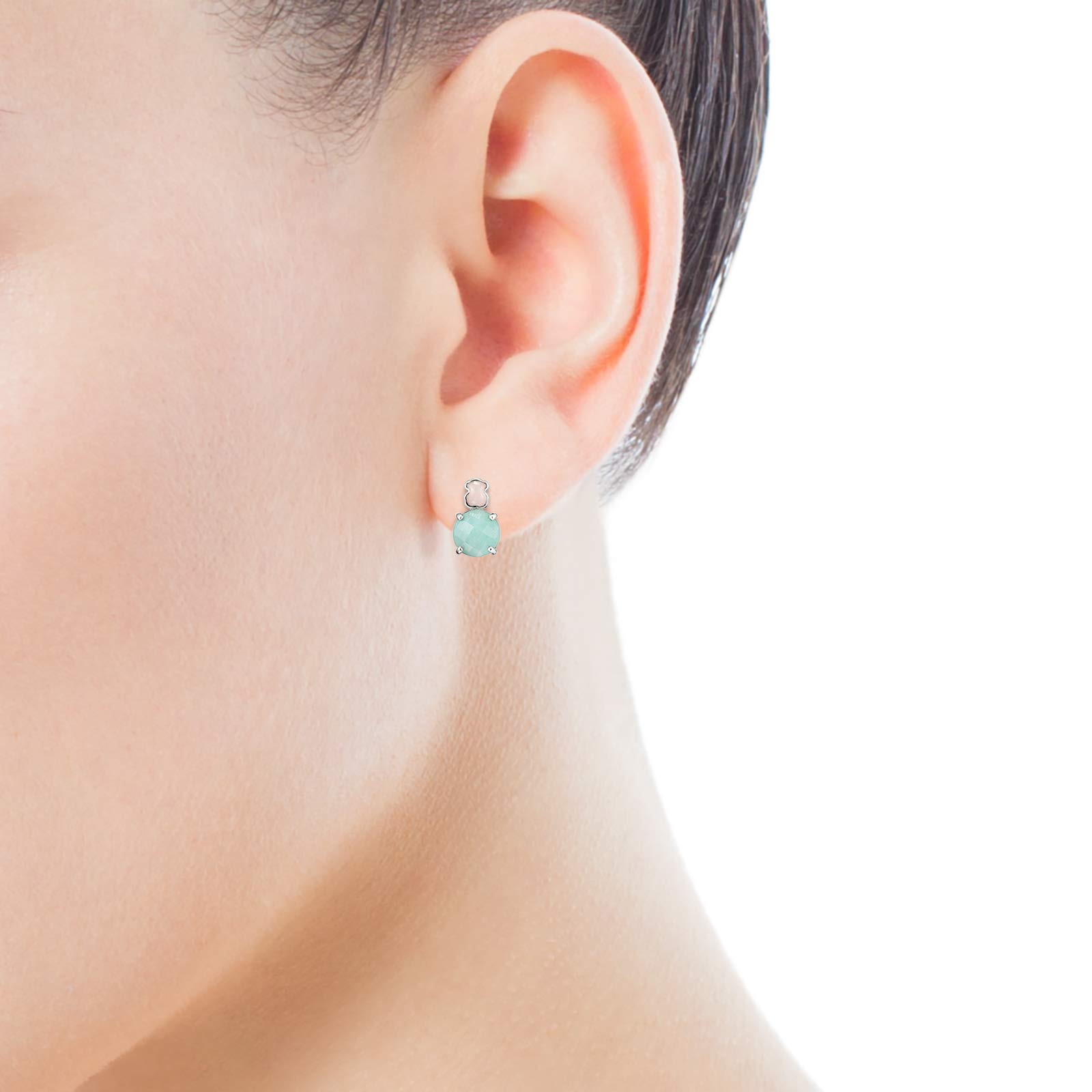 TOUS Pendientes de Plata de Primera Ley para Mujer con Cierre a Presión y Motivo de 1.2cm en Amazonita y Cuarzo, Versátil y Combinable, Colección Mini Color