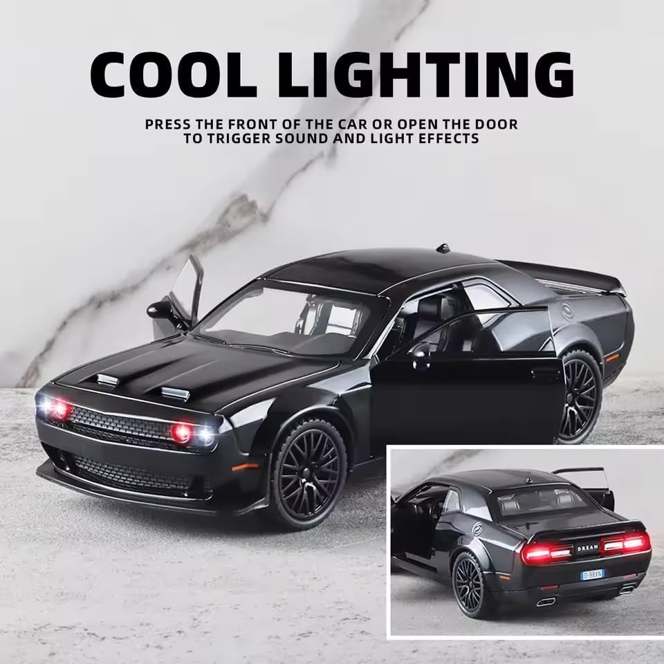 Image of Compatible for 1:32 Dodge Challenger SRT Toy Car Model, Diecast Collectible Pull Back Model Car with Sound and Light, Toy Gift Vehicles for Adults Kids Boys Girls, Black