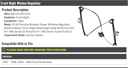 Elevalunas eléctrico delantero derecho del lado del pasajero sin motor, compatible con Porsche Boxster 1997-1998, 2000-2004