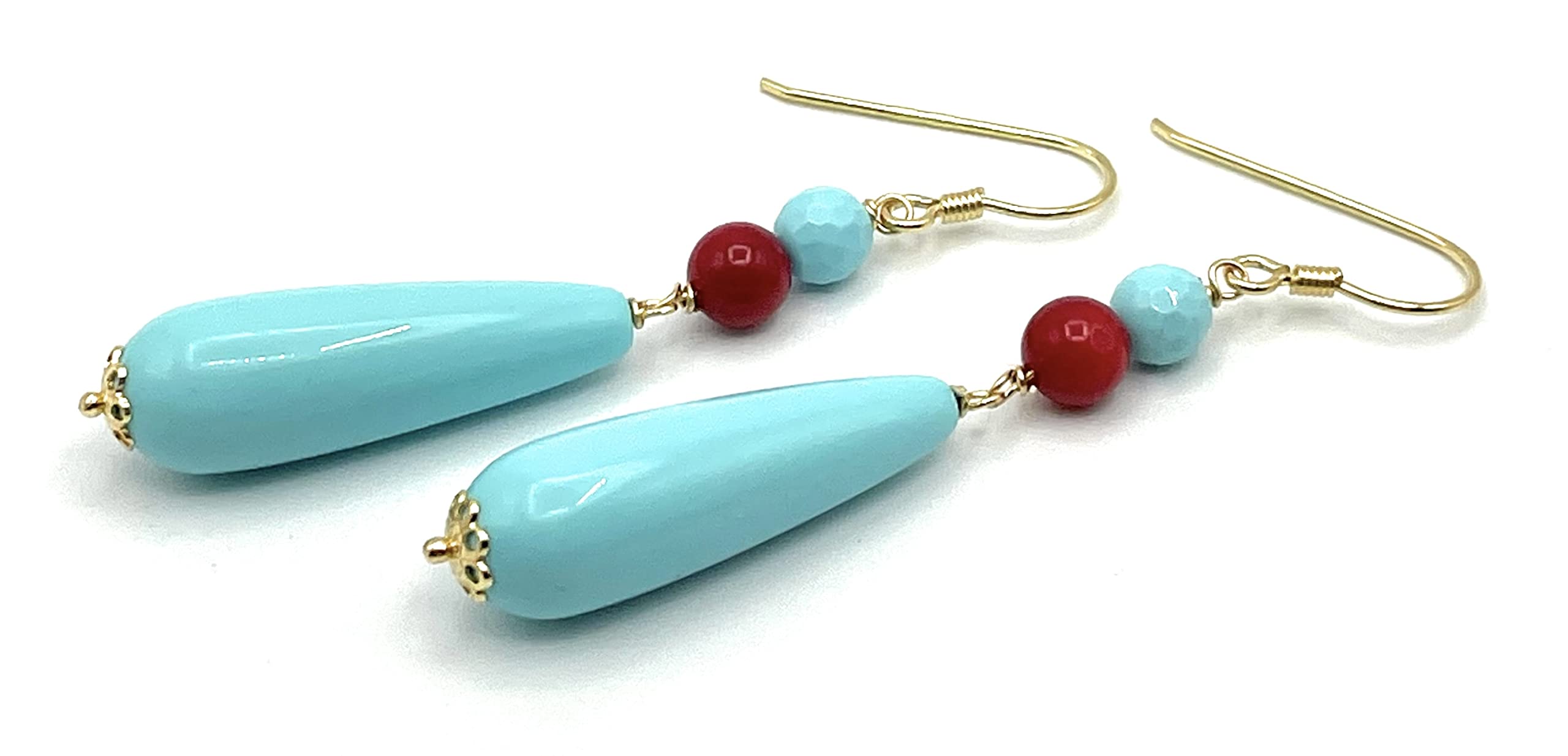 Orecchini con Gocce Turchesi e Corallo Rosso, Pendenti in Argento 925 Dorato 24 K Made in Italy, Gioielli Classici, Regalo per Lei