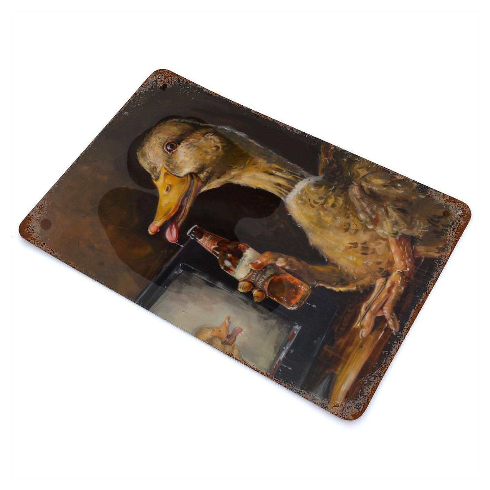 Weathered Tin Sign with Drunk Duck Drinking Beer Design 11.8"x7.9", for Basement, Hobby Room And Garage Decor, Industrial Home Decor