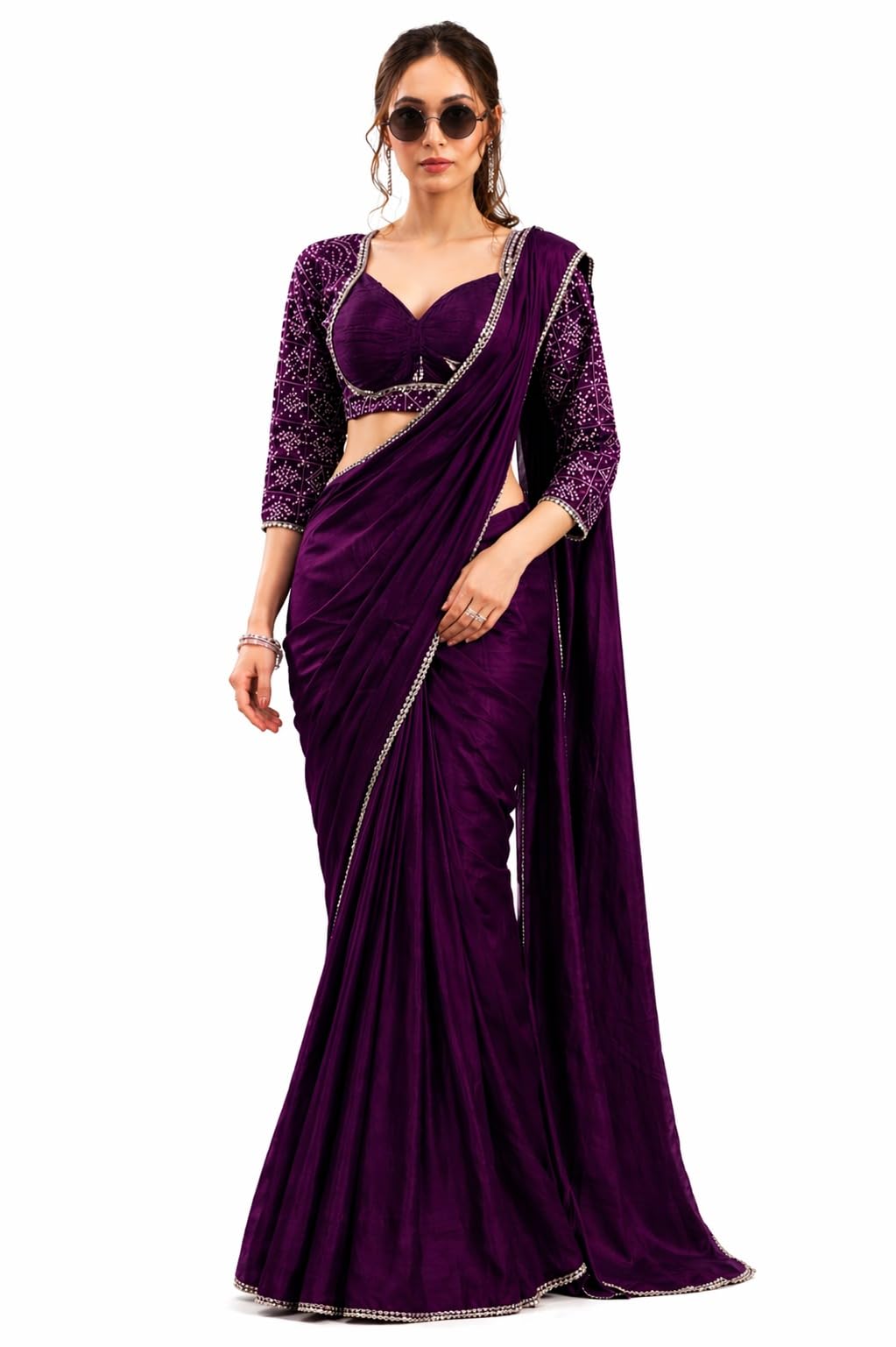 Women's Chinon Saree with Fully Stitched Bandhani Blouse | Designer Embroidered Border Saree for Weddings & Festivals-picture-49