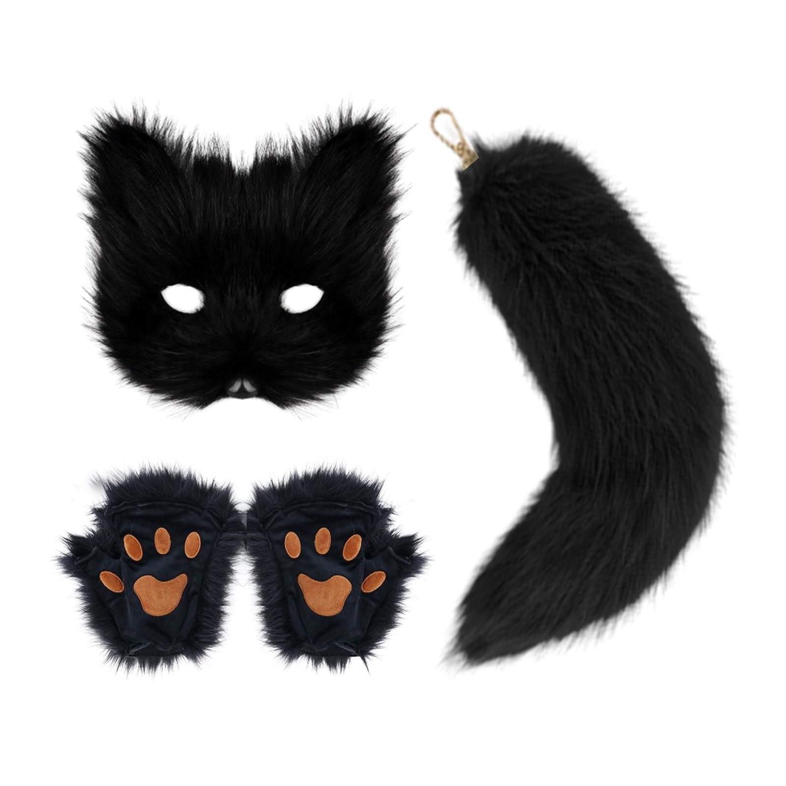 Hyuetrsa 4Pcs Faux Fur Fox Tail Cat Wolf Cosplay Costume Set Furry Orc Mask and Fox Tail Gloves Set Halloween Christmas Party Girls Women, Mask, a Pair of Gloves and a Tail Three-Piece Set