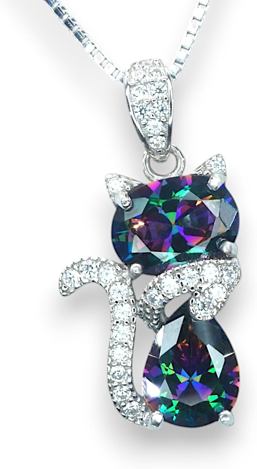 Cat Rainbow Mystic Topaz Necklace - Diamond Cat Kitty Pendant - White Gold Coated Sterling Silver Pets Lover Jewelry 16" ~20" adjustable chain #214