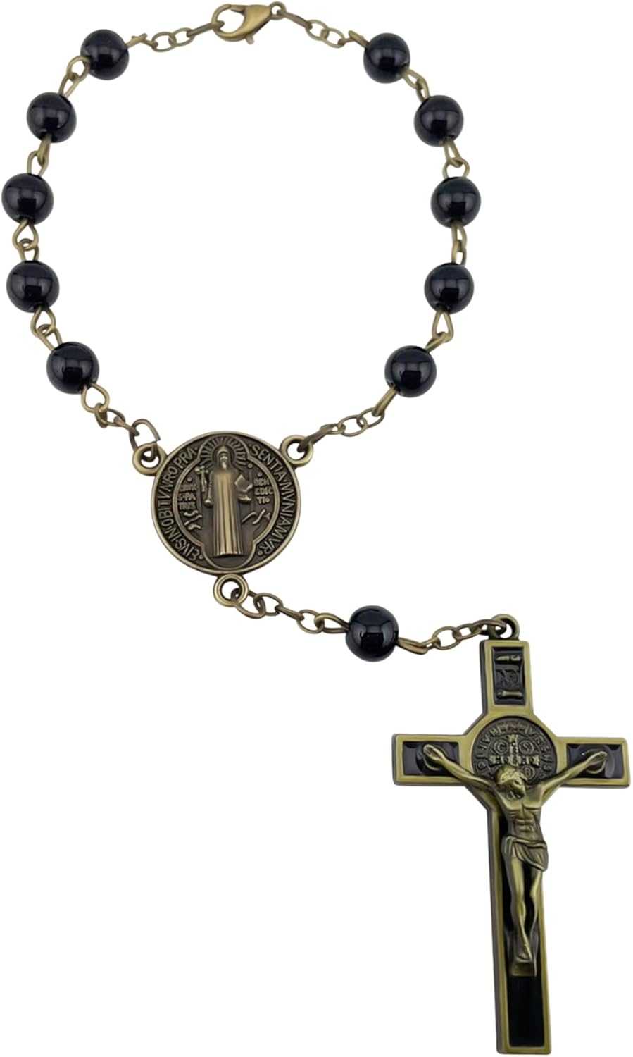 Catholic One Decade Car Rosary for Rear-View Mirror Bronze Auto Rosary Black Glass Beads St Benedict Centerpiece Religious Gift Car Truck Travel Protection