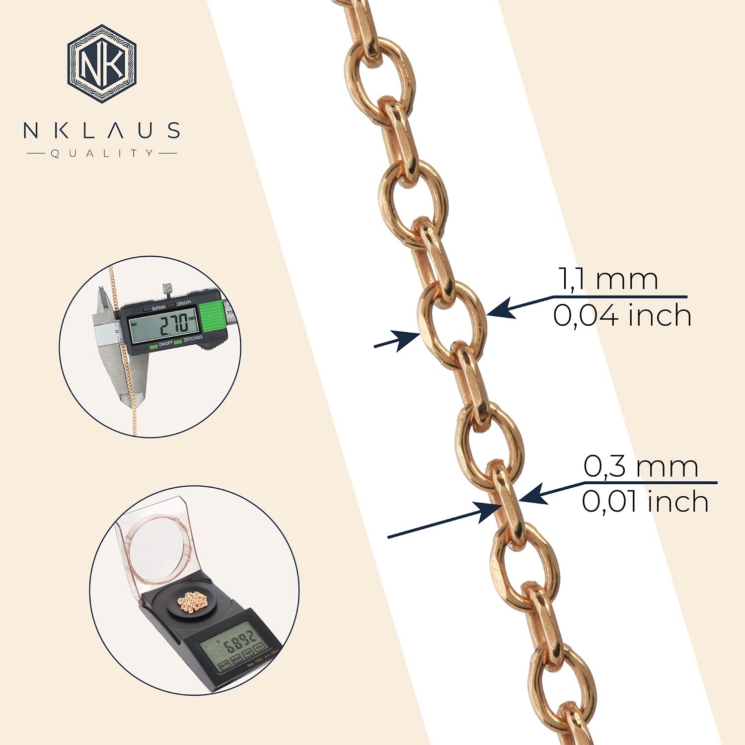 NKlaus 80 cm, elegancki łańcuszek z kotwicą, okrągły mosiądz, pozłacany, 1,1 mm, cienki naszyjnik 8594