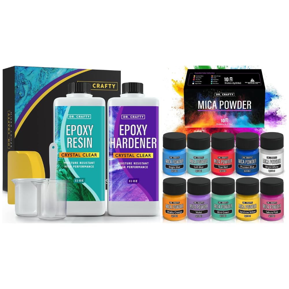 DR CRAFTY Clear Epoxy Resin 64oz Kit | Complete Epoxy Resin Kit: Quality Epoxy for Tumblers, Art, Jewelry, Crafts with Mica Powder for Epoxy Resin, Pigment Powder 10 Shades