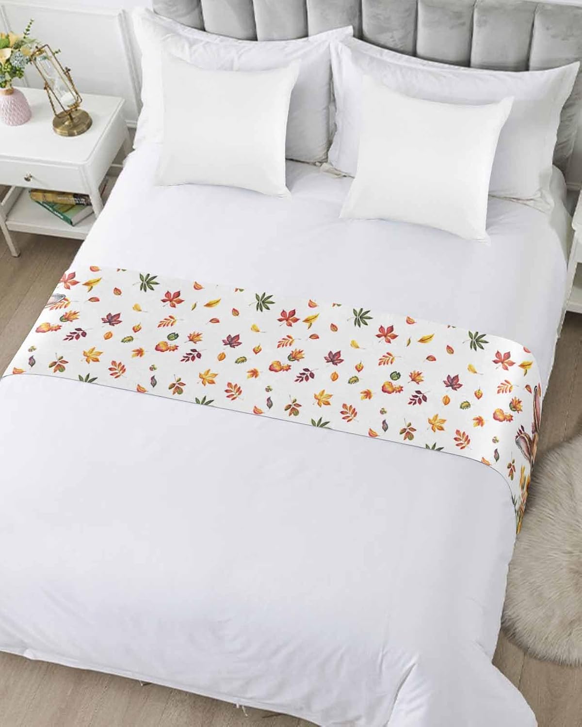Thanksgiving Rabbit Bed Runner Scarf Full Queen Size, Autumn Pumpkins Sunflowers Leaves Luxury Bed Throw Runners & Scarves for Twin Full Queen King Foot of Bed, Bedroom Hotel Decoration, 83"x20"
