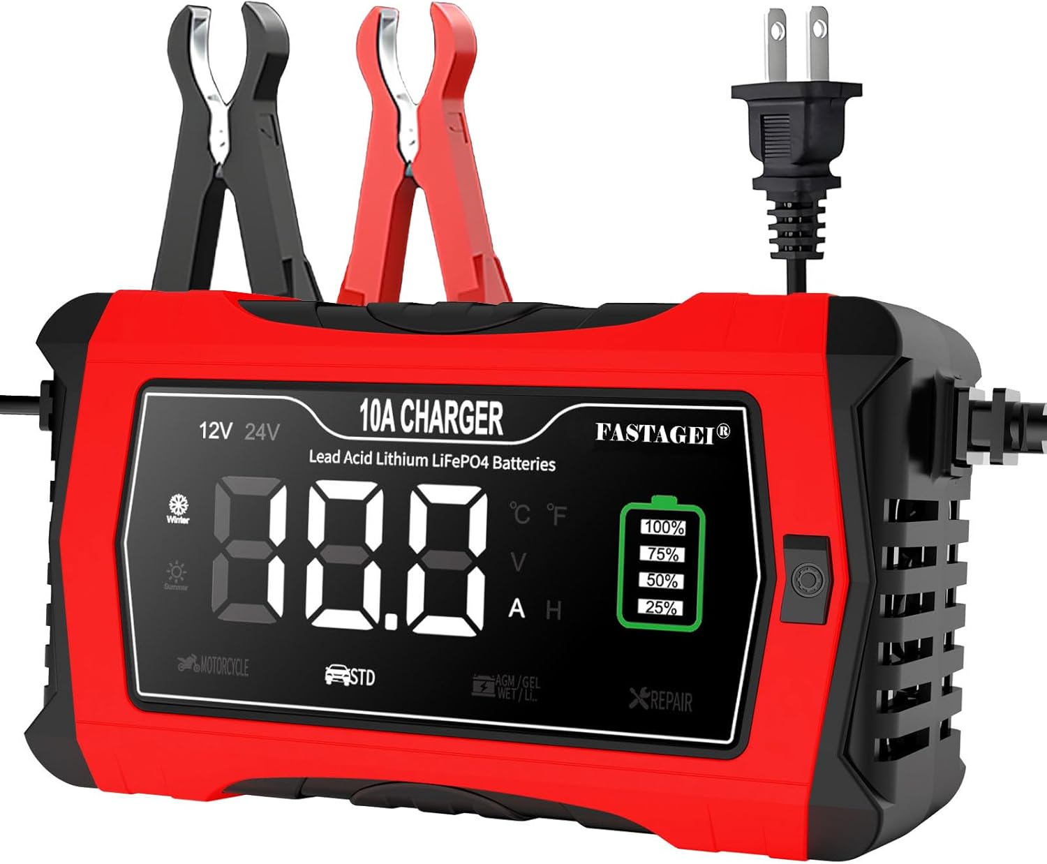Lithium/LiFePO4/Lead Acid Battery Charger Smart Battery Trickle Charger 12V/24V 10A/5A Automotive Battery Maintainer Desulfator Temp Compensation for Car Truck Motorcycle Lawn Mower Marine RV