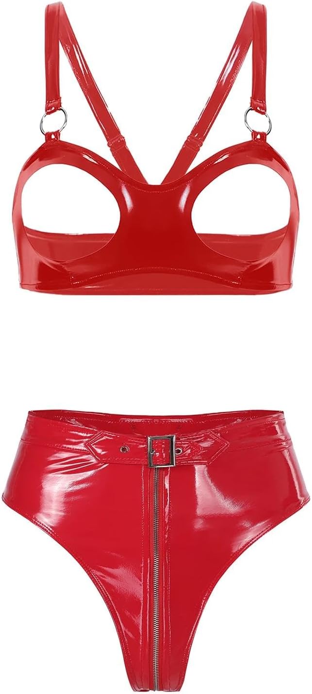 [GRRKDFQ] ランジェリーセット ハイカットフロントジッパーブリーフ付きオープンカップブラ