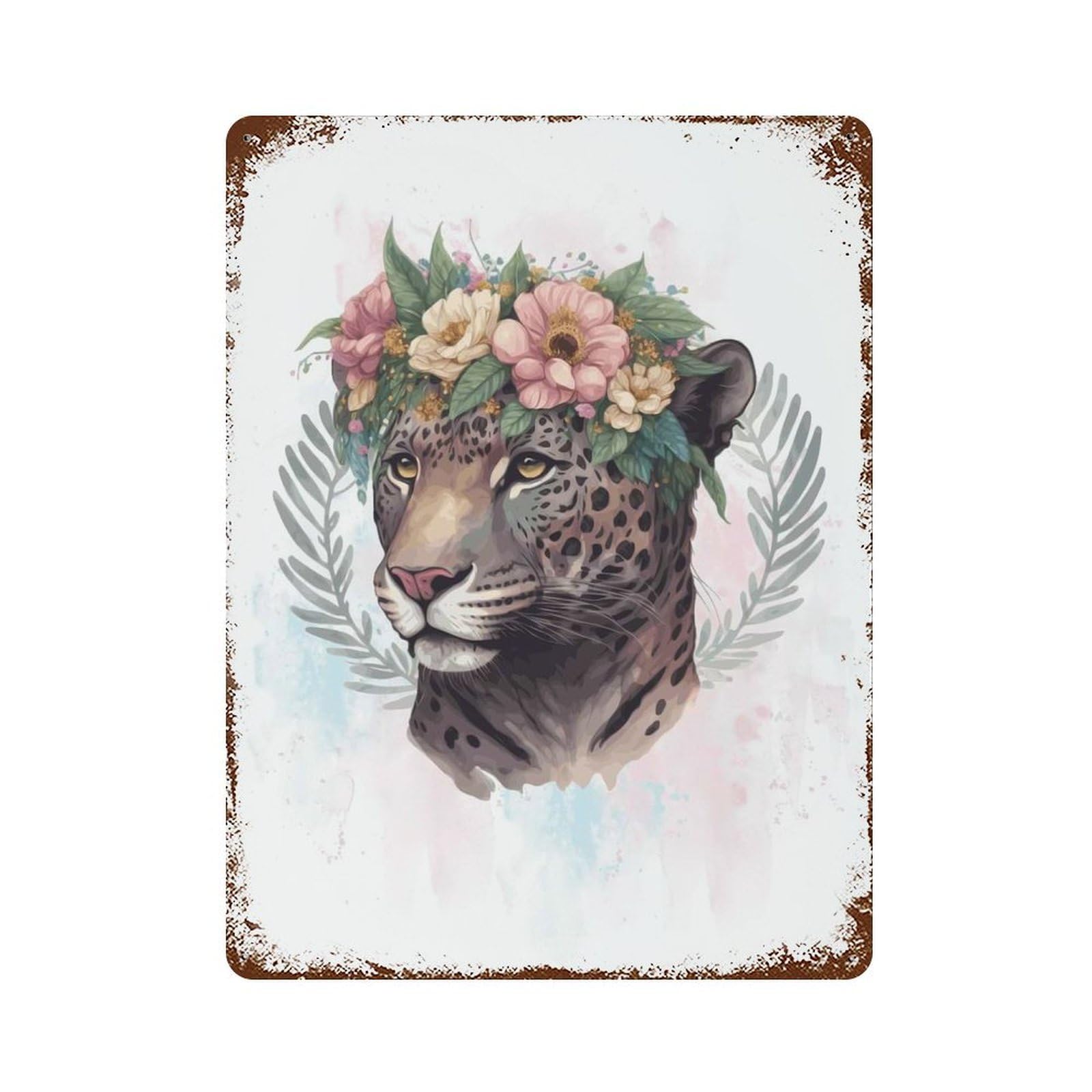 Flower Jaguar Painting Rust Effect Tin Sign 15.7"x11.8", Vintage Wall Decor for Bistro, Counter And Cafe Decor