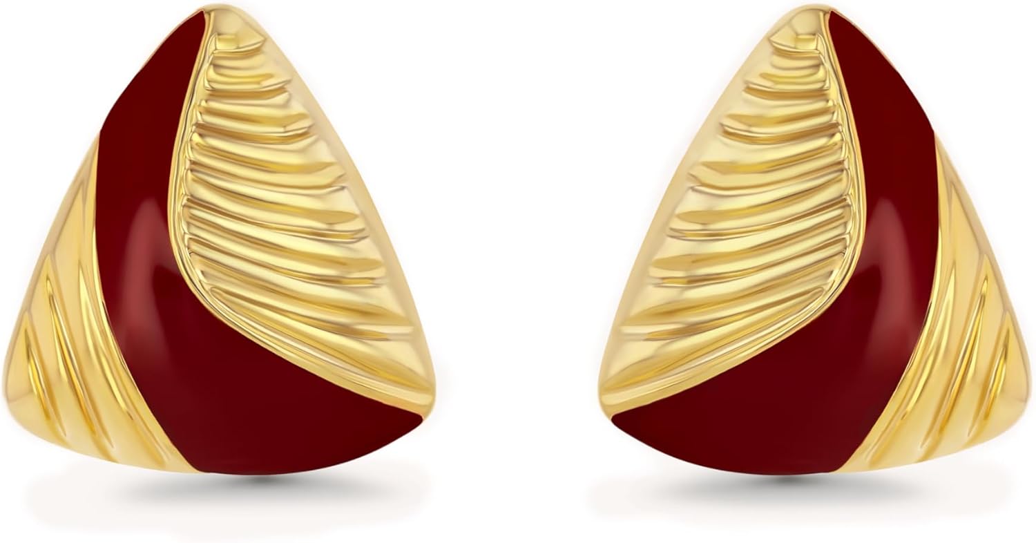 18K gold plated Enamel Triangle Stud Irregular Statement Earrings for Women by SNGIA, Bold Geometric Handmade Charm Trendy Bohemian Jewelry Gifts, Unique Baroque Summer Beach Fashion Earrings Accessories, Vintage Nickle Free Huggies Earrings. (Yellow 18K gold plated, Burgundy)