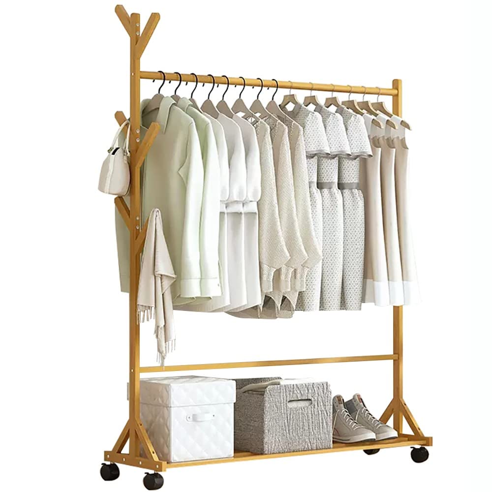 Aycdl B Amboo Rolling Clothing Rack With 4 Wheels Multifunctional Open Wardrobe For Clothes Shoes And Ags - Ideal For Edroom Entryway And Living Room Storage.,-100(A) X35x175cm