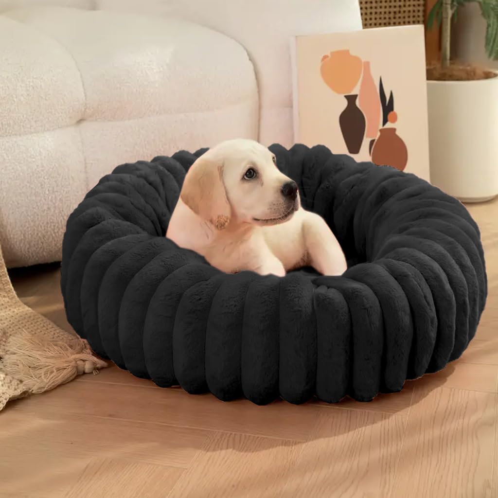 JupiterJX Rabbit Fur Soft Donut Dog Bed, Round Cat Bed Anti Slip Bottom, Fluffy Pet Bed Washable Winter Warm Puppy Beds Sofa Sleeping Cushion For Small Medium Large Dogs (Black, 50cm)