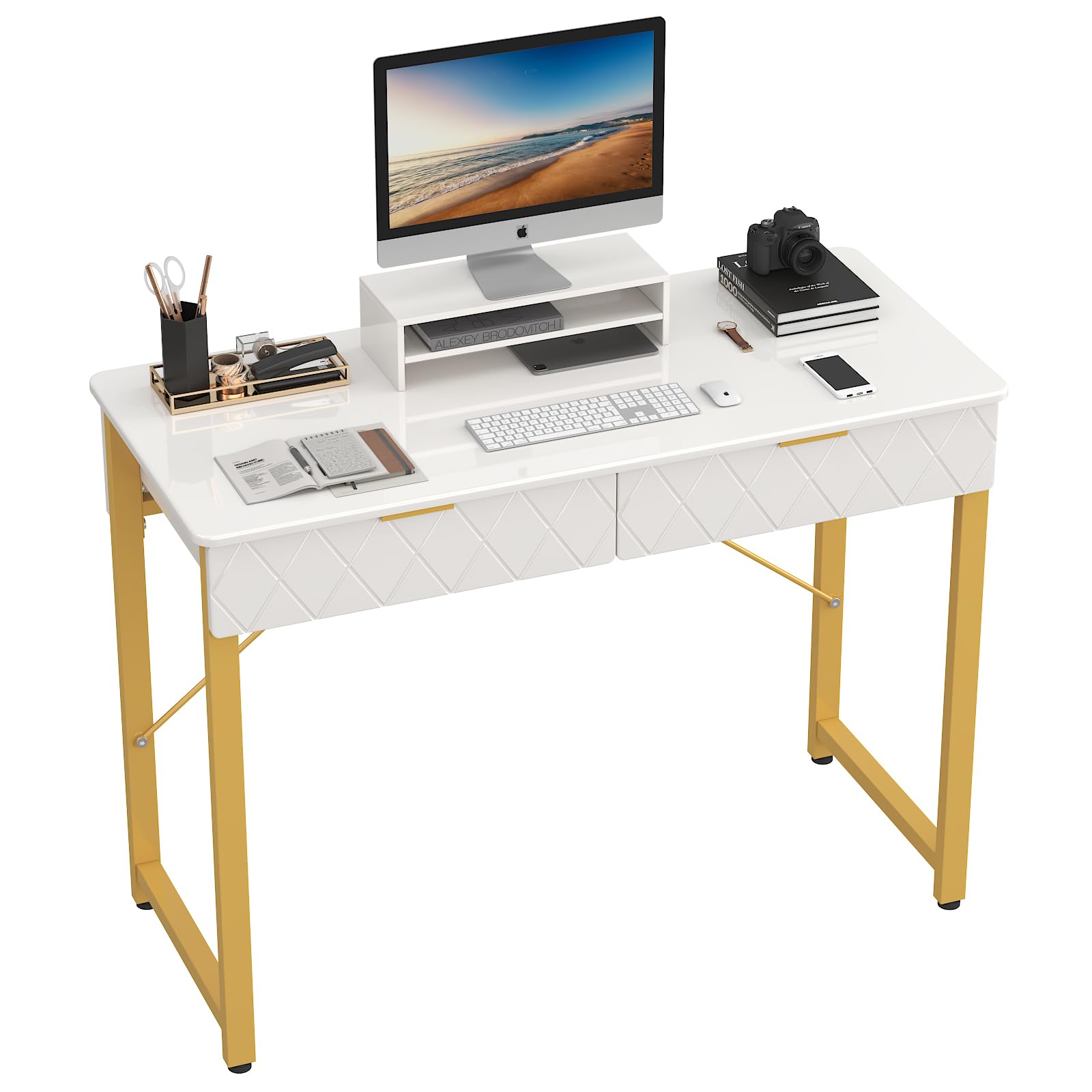 WESTREE Modern Makeup Vanity Desk with Glossy Desktop,Bedroom Home Office Writing Desk with Drawers, Storage Shelf, Gold Metal Frame for Dressing Table Without Mirror