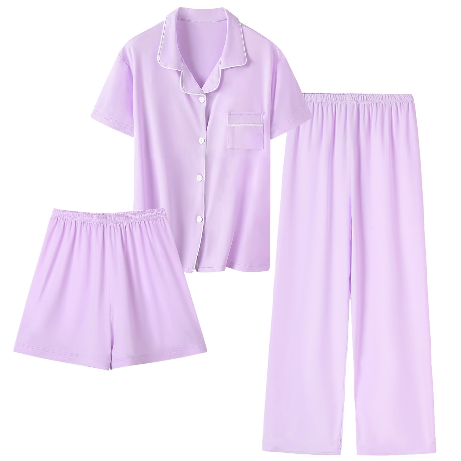 Girls Lyocell 3 Piece Pajamas Set Button Down PJs Set Soft Loungewear Short Sleeve Sleepwear
