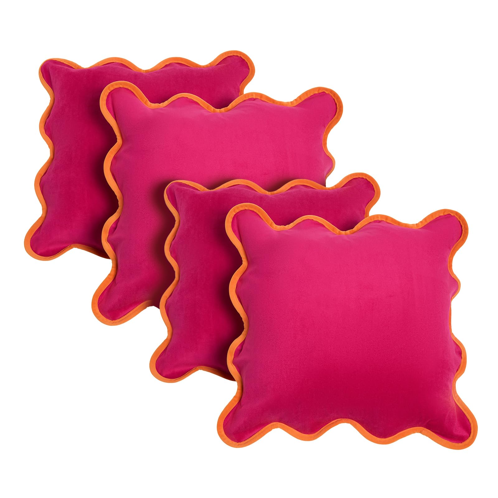 Ohs Women's Hot Pink/Orange Matte Velvet Cushion Covers Set Of 4 Scallop Edge, Gifts For Super Soft Decorative Throw Pillow Cover With Invisible Zipper Cushion Covers 45 X 45 For Bedroom Living Room,