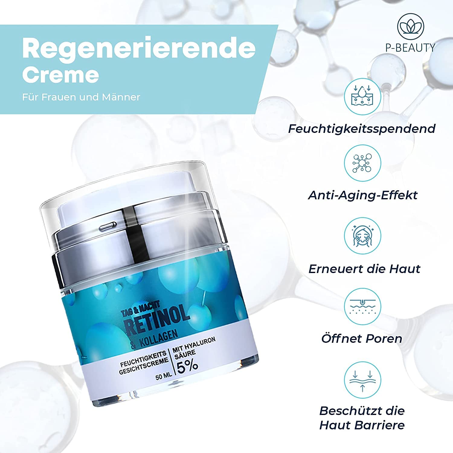 P-Beauty 3 x krem retinolowy, przeciwstarzeniowy z 5% retinolem 2 x 50 ml – krem nawilżający, krem na noc i krem na dzień z kwasem hialuronowym – krem przeciwzmarszczkowy, pielęgnacja twarzy z