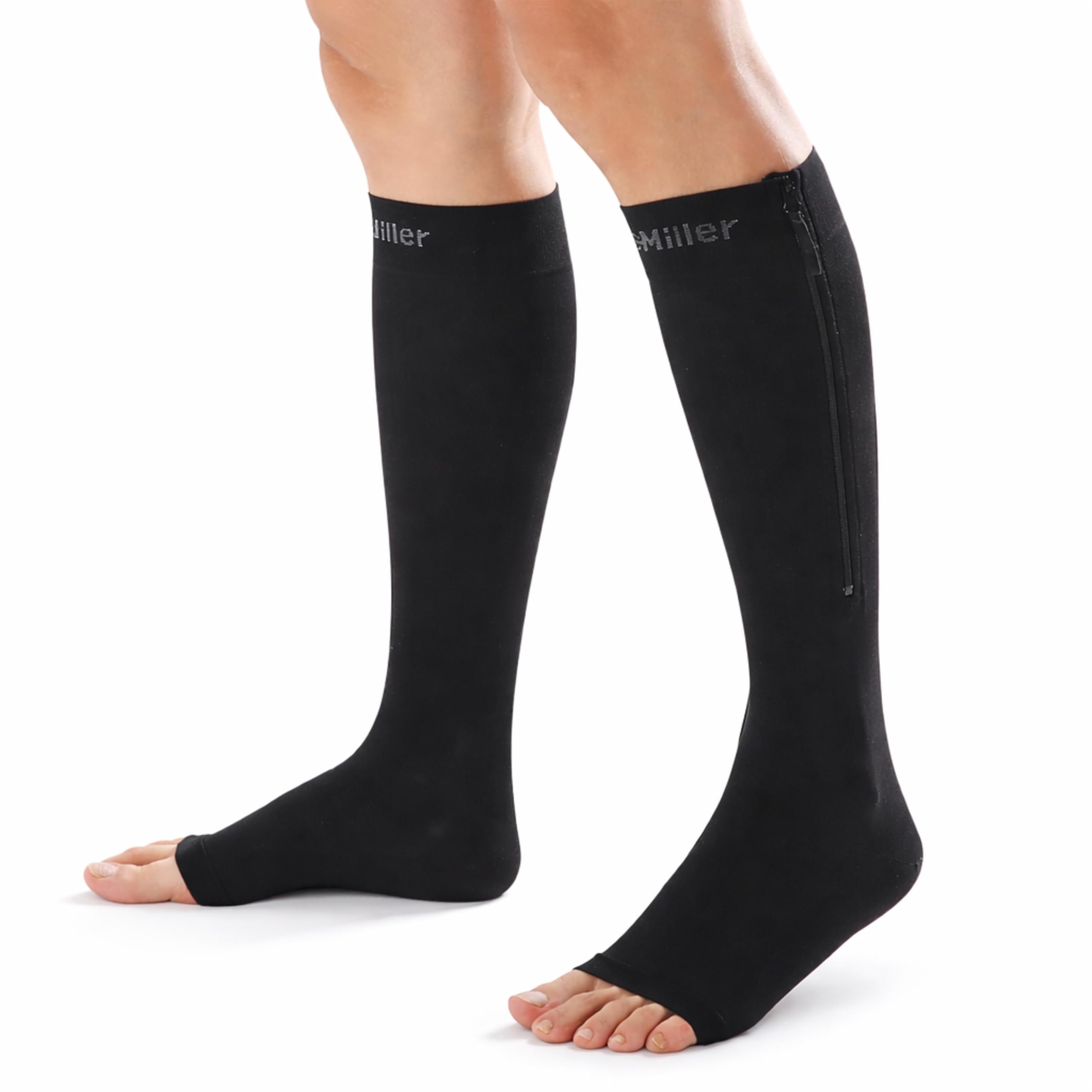 Doc Miller Compression Socks with Zipper – Open Toe Knee High 15-20 mmHg Compression Stockings for Women & Men, Wide Calf, All-Day Circulation Support