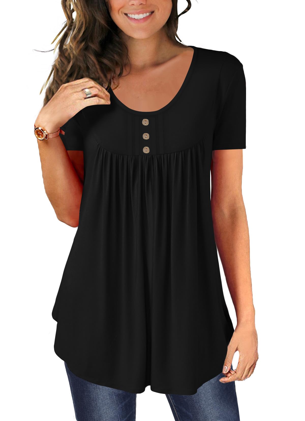 BeadChica Women's Tunic Tops For Leggings Short Sleeve Shirts Botton Up Casual Ruched Blouses Clothing