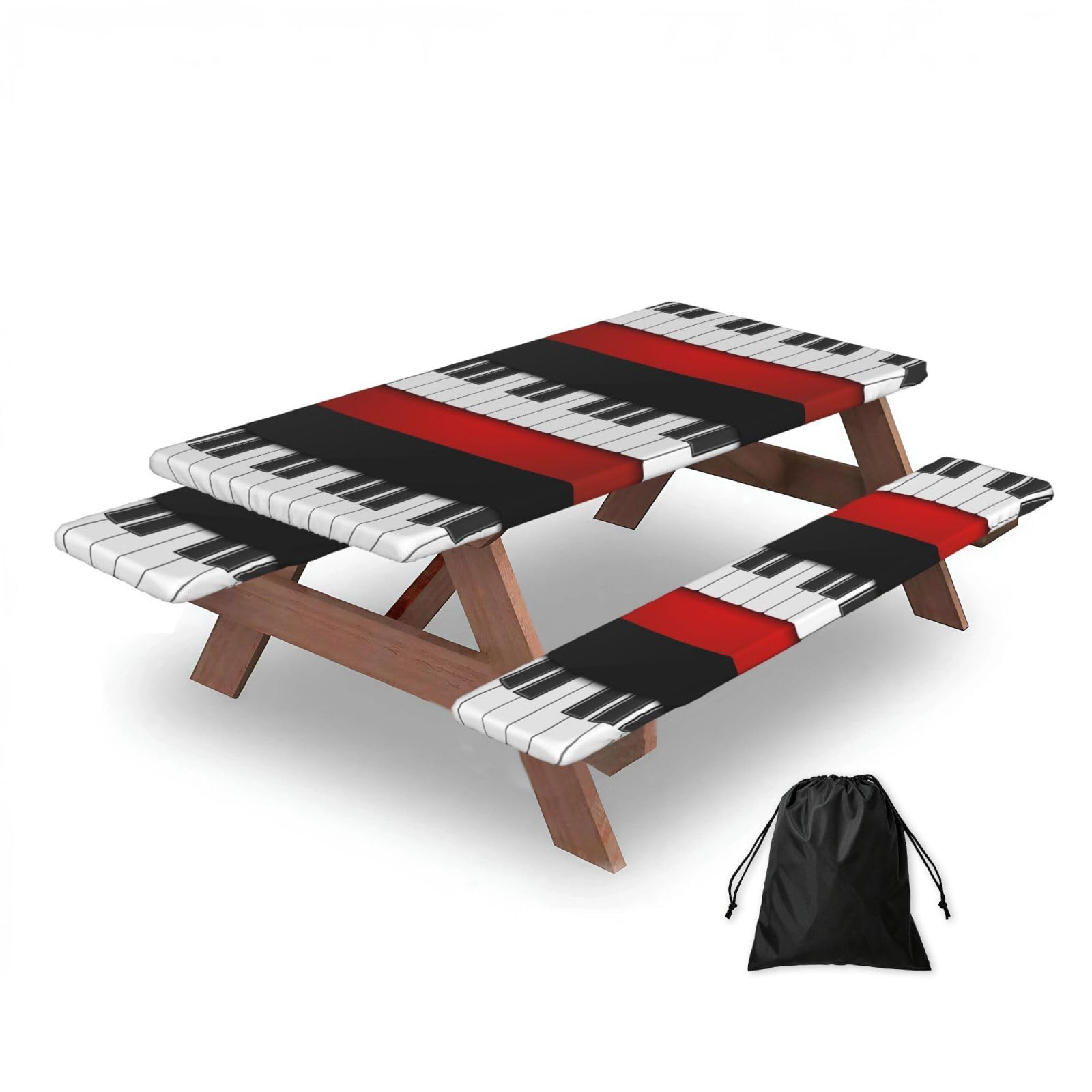 Dopklna As Picture Hand Drawn Piano, Picnic Table Cover With Bench Covers -Waterproof Elastic Fitted Tablecloth For Garden Camping Patio 76X152cm