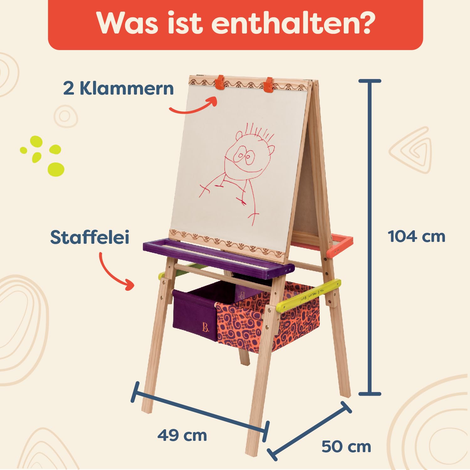 B. toys Tafel Kinder, Maltafel mit Kreidetafel, Whiteboard, Papierhalterungen, Ablagen und 2 Behälter für Zubehör – Staffelei Holz Spielzeug ab 3 Jahre
