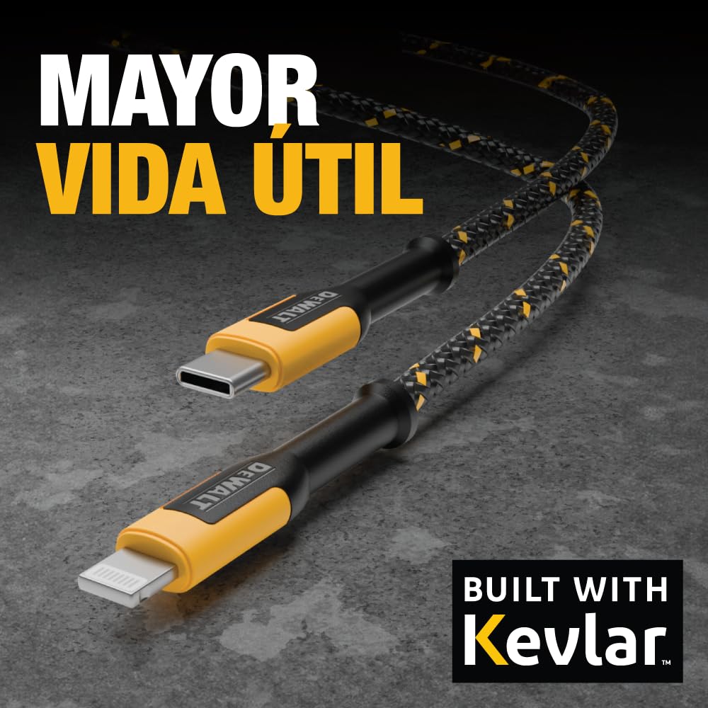 DEWALT Cable USB-C a Lightning 2 Pack 1,2 m [Apple MFi Certified], Cable Carga Rápida PD para iPhone 14/13/12/11 Pro Max, XR, XS, 8, Cable USB-C Lightning Resistente