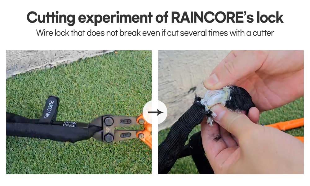 RAINCORE Lekka blokada linki rowerowej do ciężkich obciążeń, ochrona przed kradzieżą, 61 cm - 0,1 kg, blokada łańcucha rowerowego z włóknem odpornym na przecinak łańcucha, opatentowana Korea, kabel