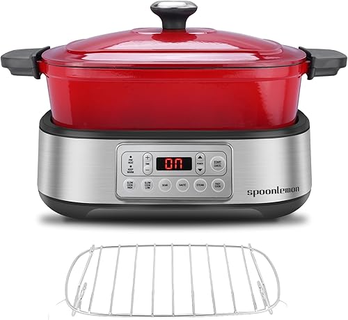 Horno holandés eléctrico, olla de hierro fundido esmaltado de 5.8 cuartos de galón, calentamiento rápido de 1250 W, 6 funciones preestablecidas,