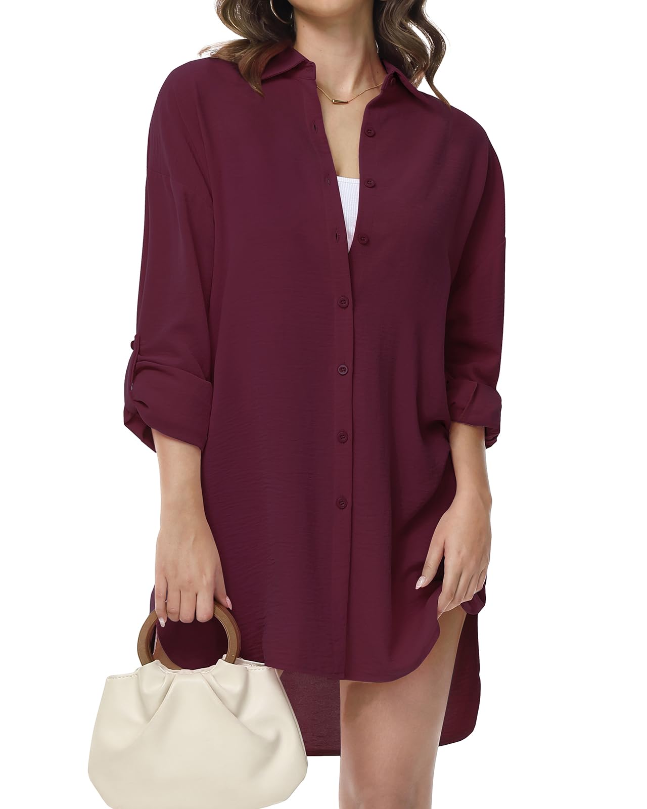 Tanmolo Damen Bluse Langarm Hemdbluse Lässige Longbluse | V-Ausschnitt, Langarmshirt, Knopfleiste, Krempelärmel, Lässiges Longshirt, Ideal zu Leggings