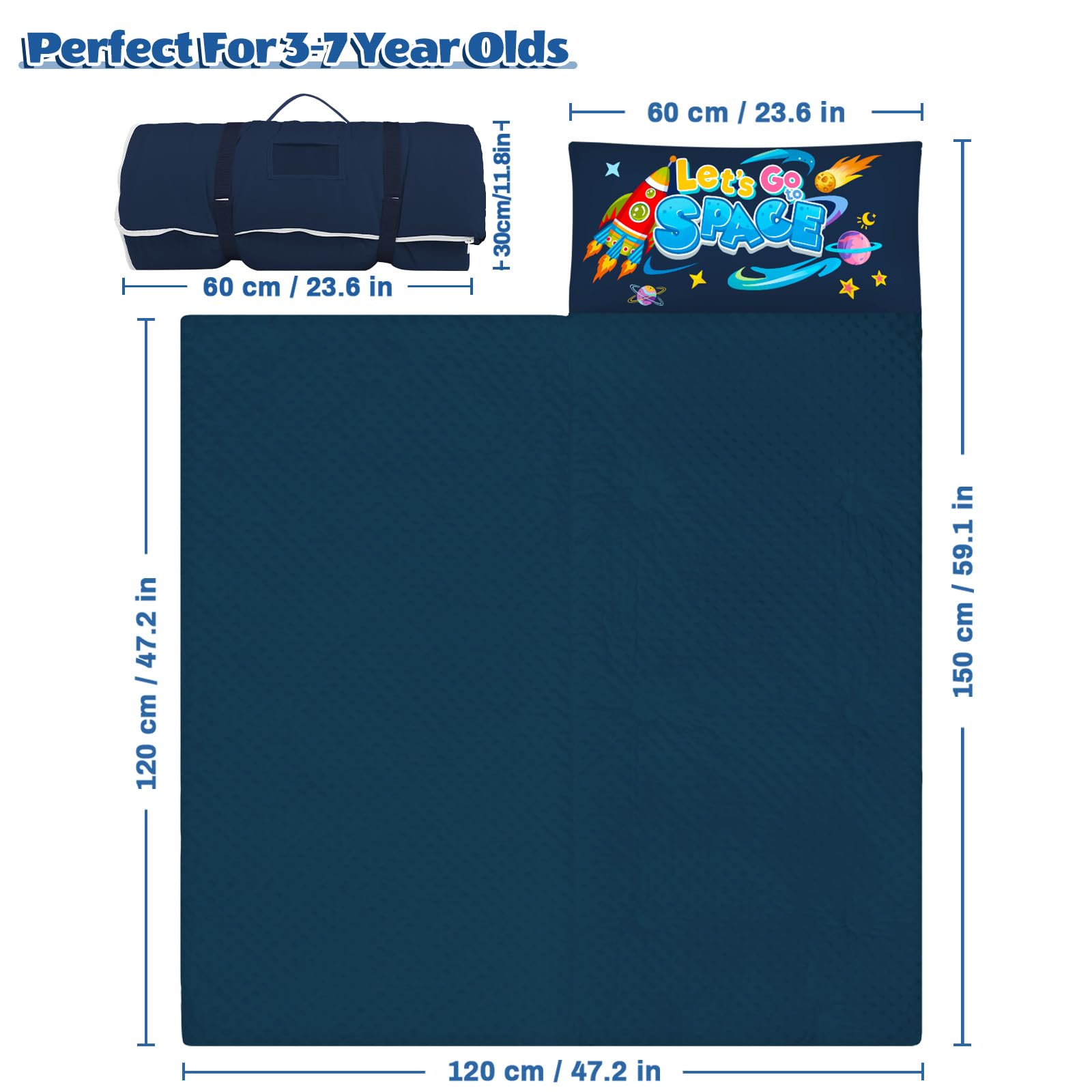 Saco de Dormir para Niños con Almohada, Tapete de Siesta para Niños y Niñas, Cálido Saco de Dormir de 150 x 60 cm, Tapete de Dormir Enrollable con Doble Cremallera